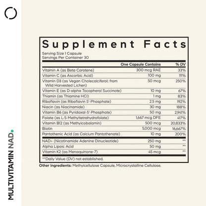 Codeage Multivitamin NAD Supplement - NAD+ Energy & Healthy Aging Support - Vitamin D3 K2, P5P, Methylated B12, Alpha Lipoic Acid, Folate, Riboflavin, Biotin, B Complex Pills - Non-GMO - 30 Capsules